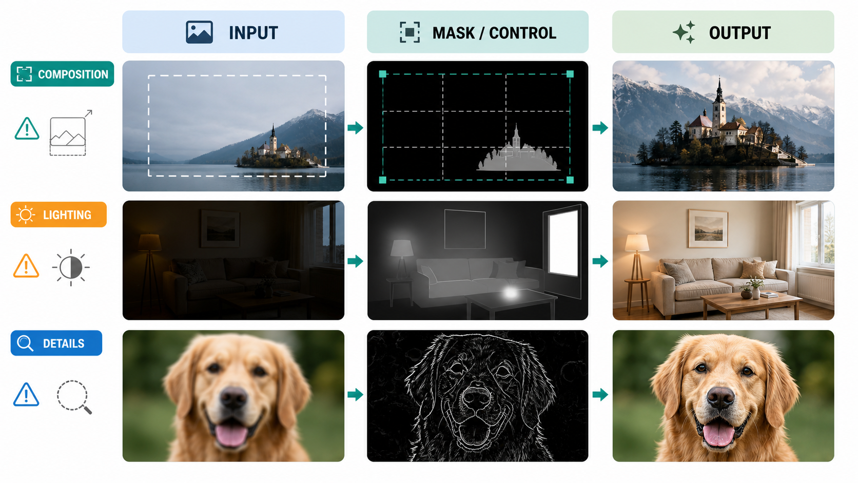Image-to-image troubleshooting comparison with input mask and corrected output