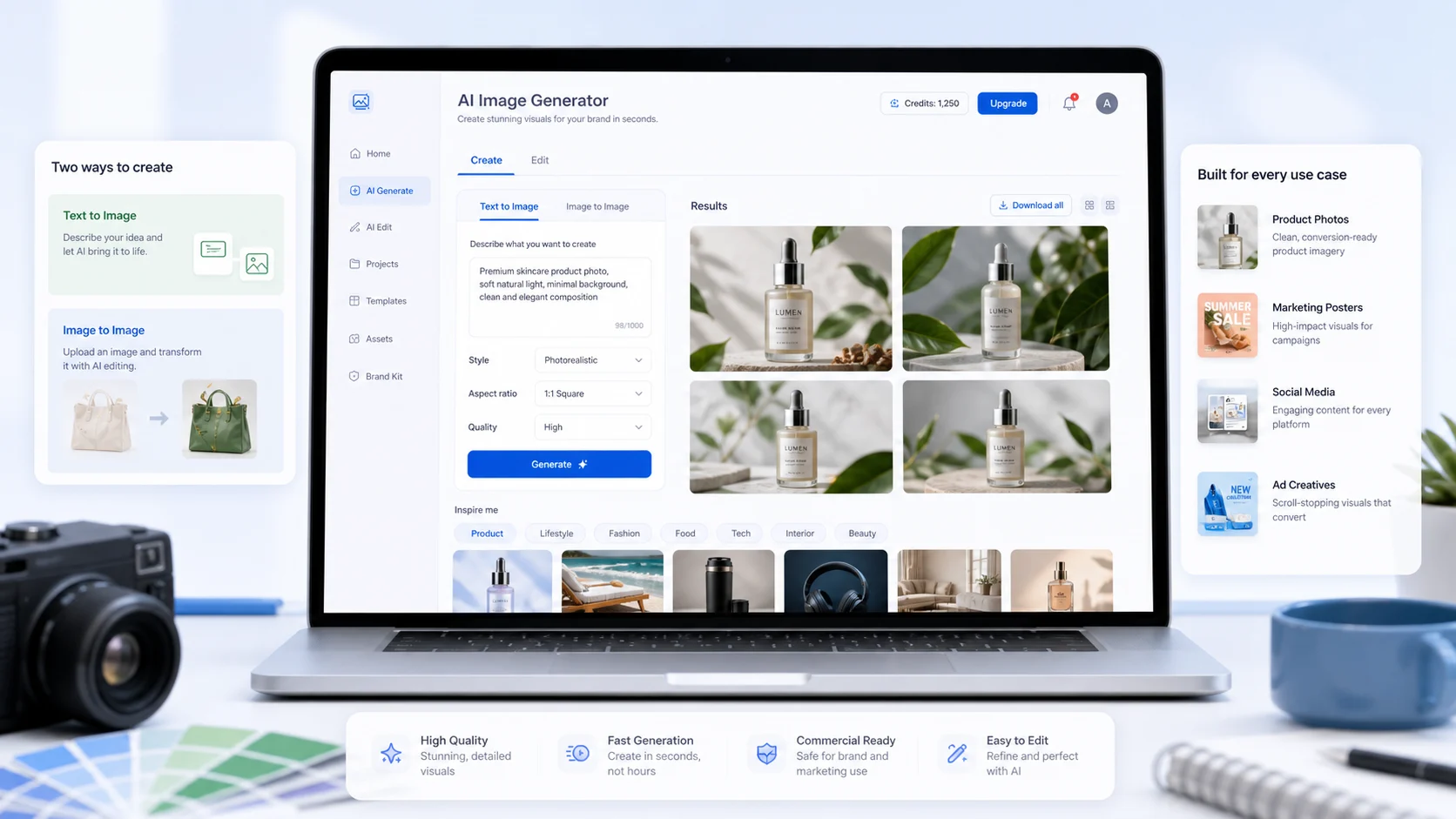 AI Product Image Generator workspace for practical image generation
